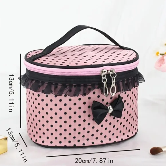 🆕️EXTRA LARGE VINTAGE PINK & BLACK POLKA DOT ZIPPERED COSMETIC BAG WITH POCKETS - Picture 6 of 17